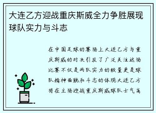 大连乙方迎战重庆斯威全力争胜展现球队实力与斗志
